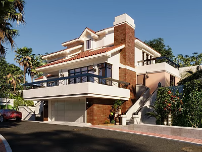 Detached Villa Exterior Featuring Red Tile Roof Chimney Balcony Garage Green Plants And Palm Trees 3d model