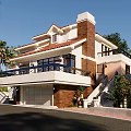 Detached Villa Exterior Featuring Red Tile Roof Chimney Balcony Garage Green Plants And Palm Trees