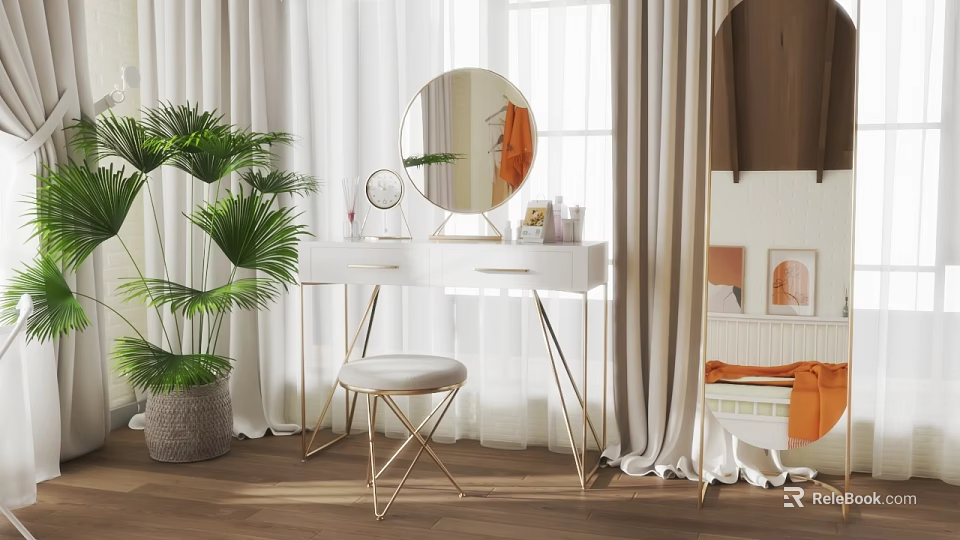 Bedroom Interior With White Dressing Table Round Mirror Golden Legs Green Plant And White Curtains 3d model 