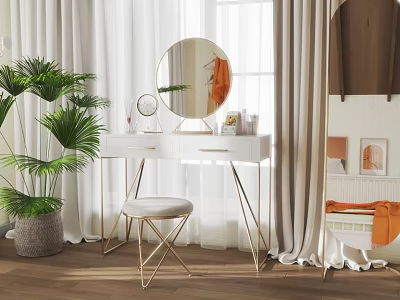 Bedroom Interior With White Dressing Table Round Mirror Golden Legs Green Plant And White Curtains 3d model