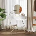 Bedroom Interior With White Dressing Table Round Mirror Golden Legs Green Plant And White Curtains