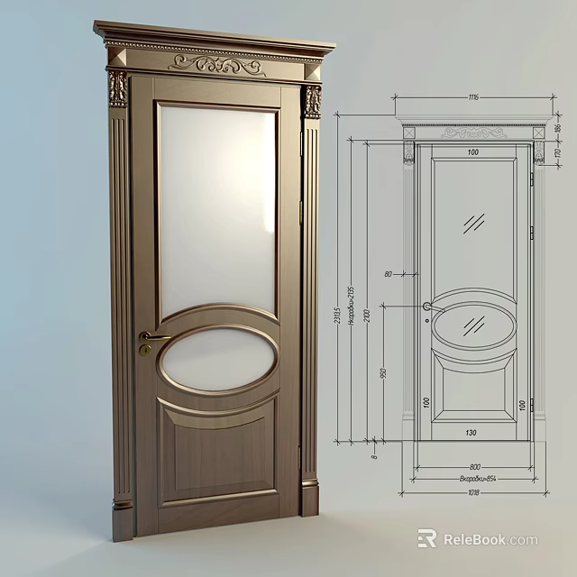 Wooden Swing Door With Glass Panel And Detailed Design Dimensions 3d model 