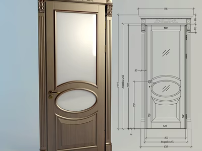 Wooden Swing Door With Glass Panel And Detailed Design Dimensions 3d model