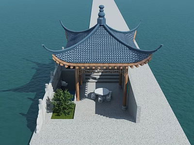 Traditional Chinese Pavilion With Curved Eaves On Long Waterfront Causeway Stone Table And Small Plant 3d model