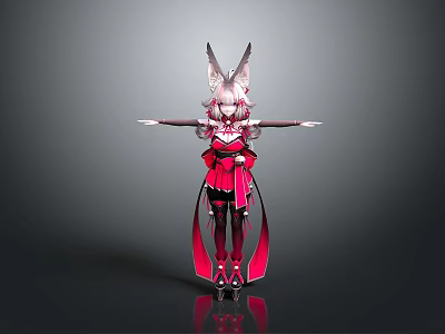 Anime Character Model With Red Outfit Rabbit Ears Pink Hair And Outstretched Arms 3d model