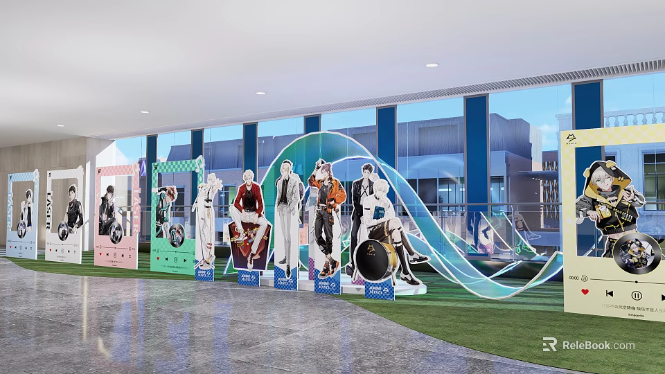 Anime Character Cutouts Photo Check In Spot With Modern Building And Green Blue Decorations 3d model 