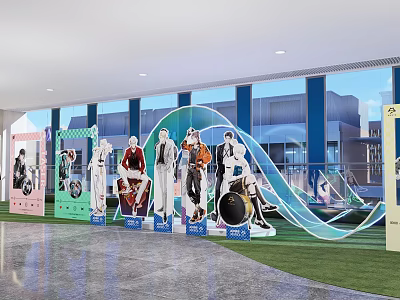 Anime Character Cutouts Photo Check In Spot With Modern Building And Green Blue Decorations 3d model