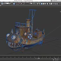 Fish Shaped Sailboat With Large Eyes Sharp Teeth Rusty Metal Small Windows Chimney And Lifebuoy