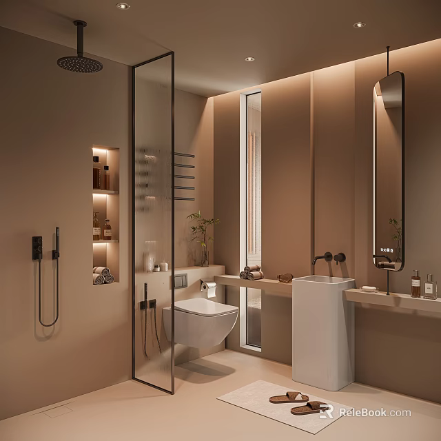 Modern Bathroom Interior With Glass Shower Enclosure Wall Mounted Toilet Marble Countertop And Large Mirror 3d model 