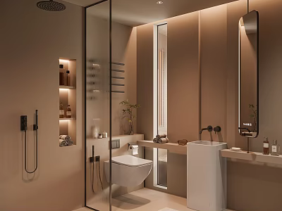 Modern Bathroom Interior With Glass Shower Enclosure Wall Mounted Toilet Marble Countertop And Large Mirror 3d model