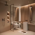 Modern Bathroom Interior With Glass Shower Enclosure Wall Mounted Toilet Marble Countertop And Large Mirror