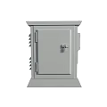 Industrial Equipment Blue Cabinet With Lockable Door Cooling Fins And Safety Icons