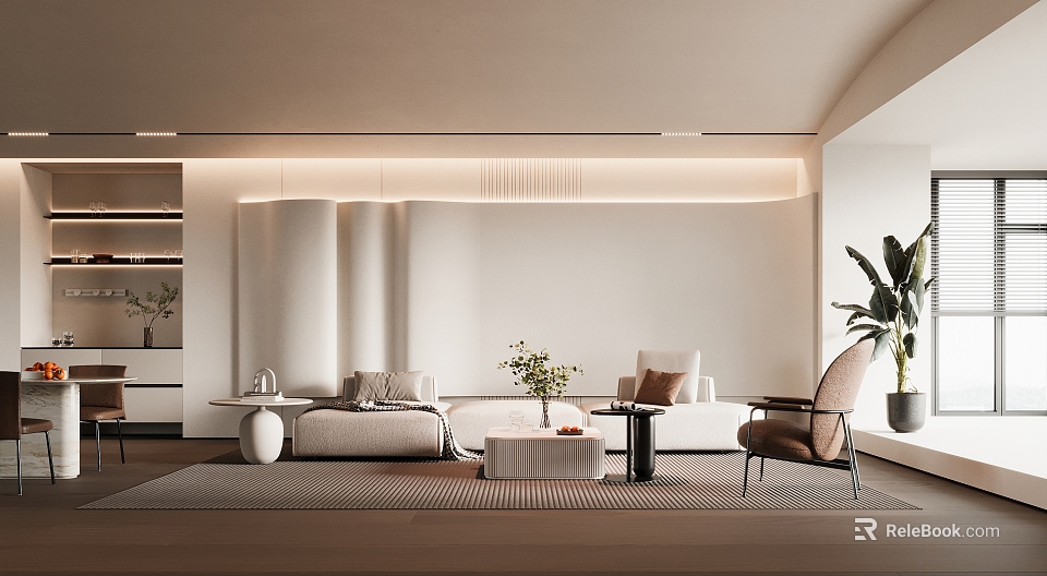 Modern Living Room Interior Design With Sofa Coffee Table Plants And Lighting 3d model 