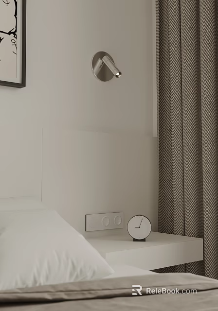 Modern White Bedroom Bedside Table With Clock And Curtains Near Wall 3d model 