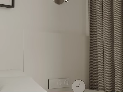 Modern White Bedroom Bedside Table With Clock And Curtains Near Wall 3d model