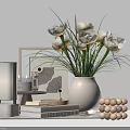 Decorative Ornament Set With White Flowers Beige Vase Books Table Lamp And Wooden Beads