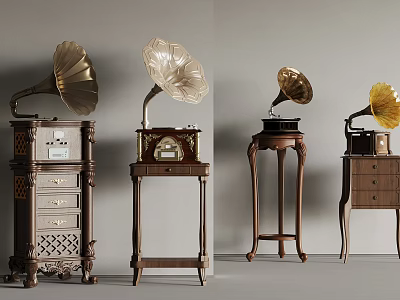 Vintage Gramophones With Classic Wooden Bases And Decorative Horns Displayed In Different Stylish Designs 3d model