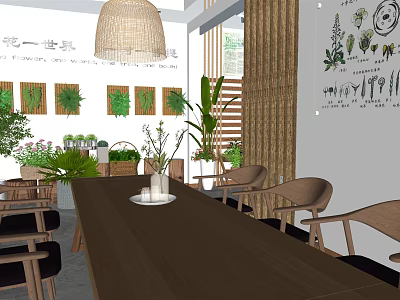 Natural Café Interior With Rattan Pendant Light Green Plant Decor Wooden Table And Wall Art 3d model