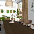 Natural Café Interior With Rattan Pendant Light Green Plant Decor Wooden Table And Wall Art