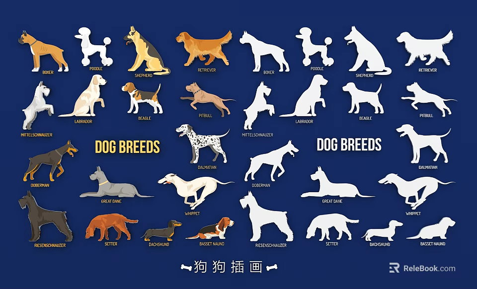 Various Decorative Dog Breed Illustrations With Different Postures For Wall Decor 3d model