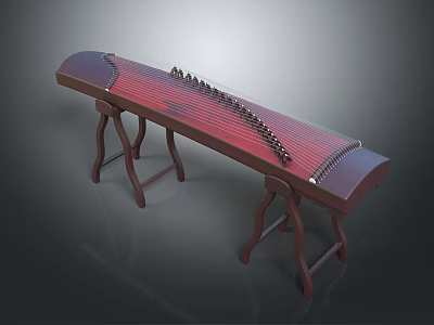 Traditional Chinese Guzheng Wooden Musical Instrument With Red Strings And Stand On Dark Background 3d model