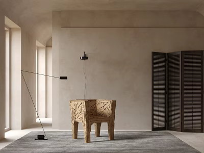 Wooden Carved Accent Chair With Floor Lamp Light Walls Arched Windows Dark Shutters Gray Carpet 3d model