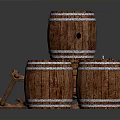 Rustic Wooden Barrels With Metal Hoops Stacked For Home Storage Use