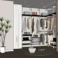 Modern Closet Interior Design With Hanging Clothes White Shelves Round Rug And Plants