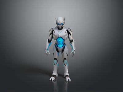 Futuristic White And Blue Mechanical Humanoid Robot With Glowing Core Design 3d model