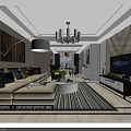 Modern Living Dining Room Interior With Sofa TV Chandelier Carpet And Decorative Paintings