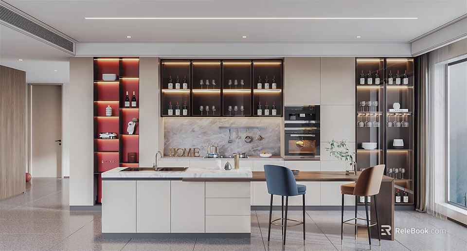 Contemporary Restaurant Kitchen Interior With Marble Island Cabinets And Bar Stools 3d model