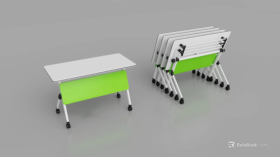 Folding Conference Tables With White Tabletop Green Legs And Stackable Wheels 3d model