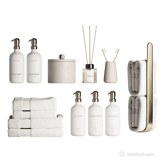 Stylish Modern Bathroom Accessories With White Soap Dispensers Diffusers Towels And Towel Rack 3d model 