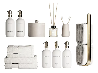 Stylish Modern Bathroom Accessories With White Soap Dispensers Diffusers Towels And Towel Rack 3d model