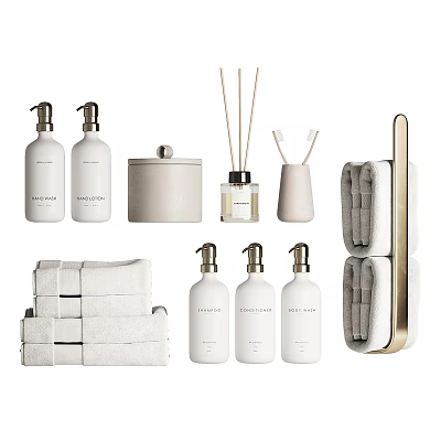 Stylish Modern Bathroom Accessories With White Soap Dispensers Diffusers Towels And Towel Rack 3d model