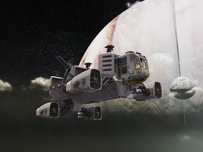 Spaceship Flying Near Giant Planet With Small Satellite And Starry Sky 3d model