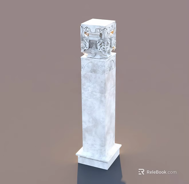 White Classical Stone Column With Intricate Carved Ornate Details And Pedestal Base 3d model 