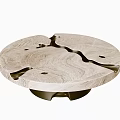 Round Wooden Coffee Table Featuring Unique Groove Patterns and Metal Base 3d model