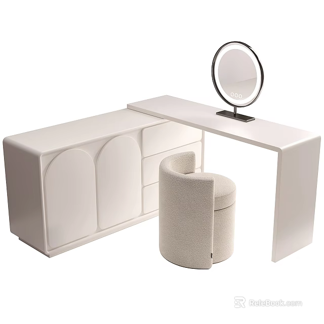 Modern White Dressing Table With Round Mirror Upholstered Stool Drawers And Cabinets 3d model 