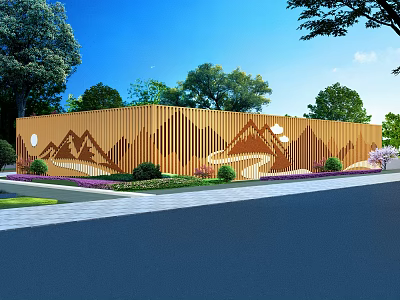 Orange Landscape Wall With Mountain Path Patterns Green Trees Shrubs Purple Flowers Under Blue Sky 3d model