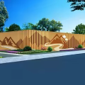 Orange Landscape Wall With Mountain Path Patterns Green Trees Shrubs Purple Flowers Under Blue Sky