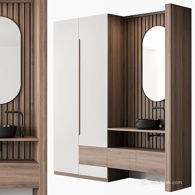Modern Entryway Cabinet And Sideboard Design With Wooden Panels Round Mirror And Storage Shelves 3d model 