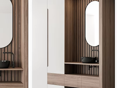 Modern Entryway Cabinet And Sideboard Design With Wooden Panels Round Mirror And Storage Shelves 3d model