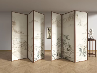New Screen Landscape Painting Partition Study Tea Room Screen New Folding Screen Landscape Traditional Chinese Painting Partition 3d model