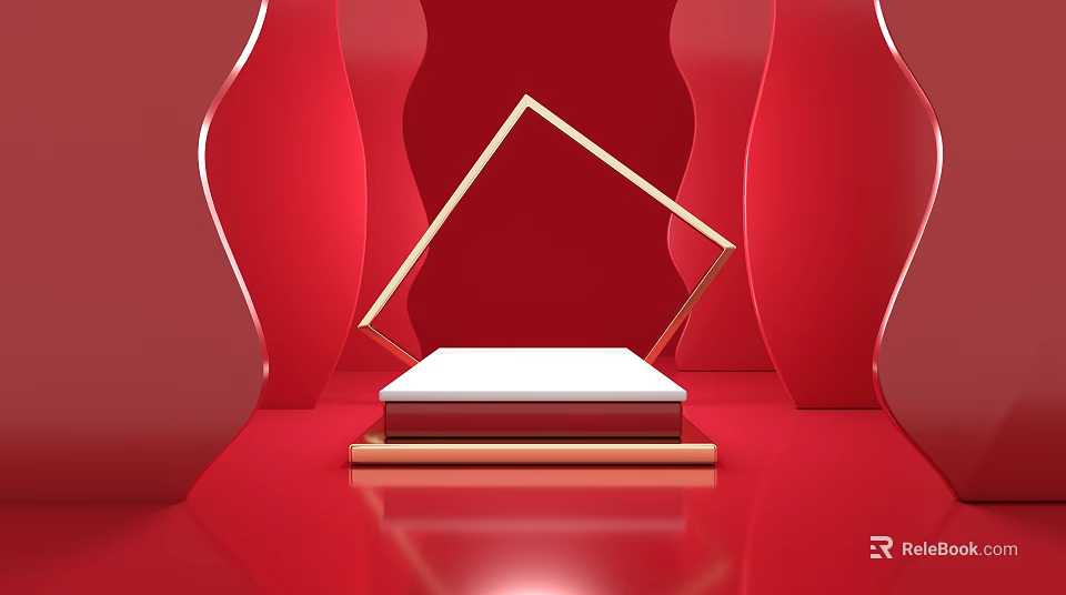 Display Shelf With Golden Frame And White Platform On Red Wavy Background 3d model
