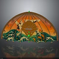 Oriental Decorative Fan Shaped Artwork With Cranes Waves And Orange Green Painted Design