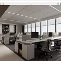 Modern Public Office Space with Workstations Computer Monitors Ergonomic Chairs and Large Windows