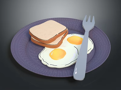 Chicken Eggs and Toast Served on Purple Plate with Fork 3d model