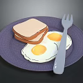 Chicken Eggs and Toast Served on Purple Plate with Fork 3d model