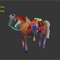 Orange Horse With Brown Saddle And Pink Decorative Reins On Gray Background